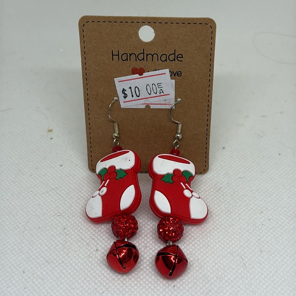 Handmade Christmas Stocking Rhinestone Bell Earrings - Picture 8 of 13